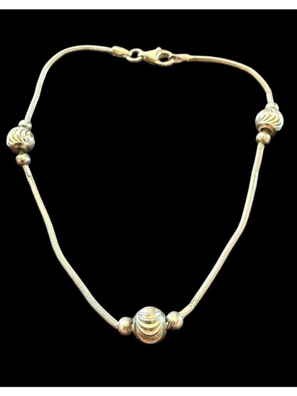 Vintage 925 Italy Sterling Silver Snake Chain Bracelet Diamond Cut Beads⁠ 7.5”